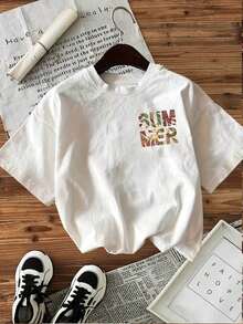 T-shirt à manches courtes et col rond imprimé, style estival T Chemise,Femmes,Impression recto verso représentant des plantes et des feuilles tropicales.. - Blanc - Voir 2