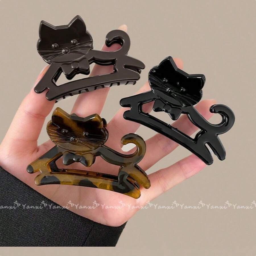 3入/1入 女款 7cm/2.76in 豹貓小號髮夾，適合細髮，後腦半紮髮夾，高級優雅小眾可愛動物髮夾，黑色、豹紋、巧克力色可選，度假、髮型設計、馬尾、盤髮，時尚百搭、優雅、極簡、素色髮夾，適合日常穿搭、休閒、通勤 - 彩色 - 查看 1
