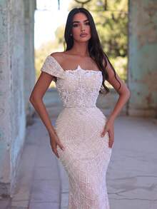 Faeriesty Elegant Off-Shoulder Pearl-Embellished Evening Gown, Transparent Mesh Fishtail Train, Perfect For Red Carpet, Gala, Wedding, Awards Ceremony Party - Champagne - View 2