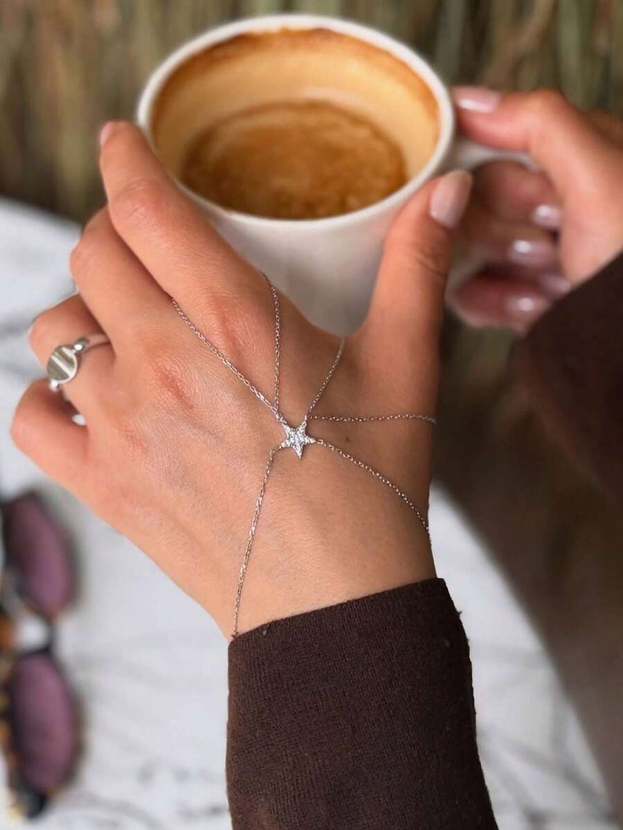 STONEFANS 1pc Gold Bohemian Style Double Finger Star Linked Bracelet, Women's Summer Accessory Bracelet Gift Jewelry Graduation Gift - Multicolor - View 1