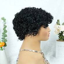Afro Kinky Curly Bob Wig With Bangs Brazilian Human Hair Wig For Women Short Water Curly Pixie Cut Remy Human Hair Wig Full Machine Made 4" 200% Density For Daily Wear & Cosplay & Parties & Music Festival & Valentine's Day - Natural Black - View 8