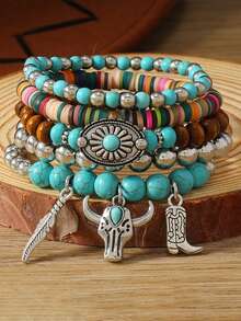 1 Set Bull Head Boots Turquoise Wood Bead Elastic Cord 5pcs Children's Bracelet Bangle - A - View 1