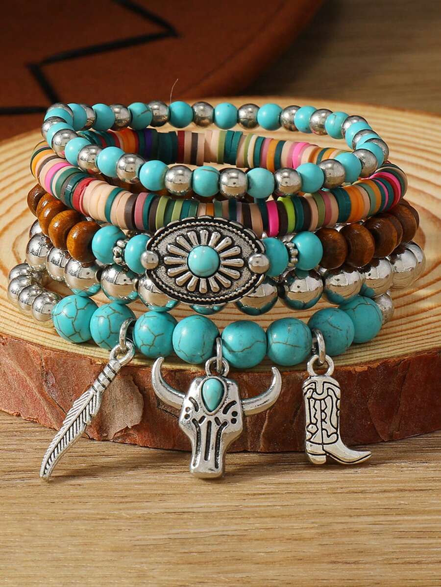 1 Set Bull Head Boots Turquoise Wood Bead Elastic Cord 5pcs Children's Bracelet Bangle - A - View 1