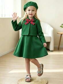 Bộ 2 món/Bộ áo khoác ngắn cho bé gái + váy có dây đeo, kèm mũ nồi nơ, cho mùa thu/đông - màu xanh lá - Xem 2