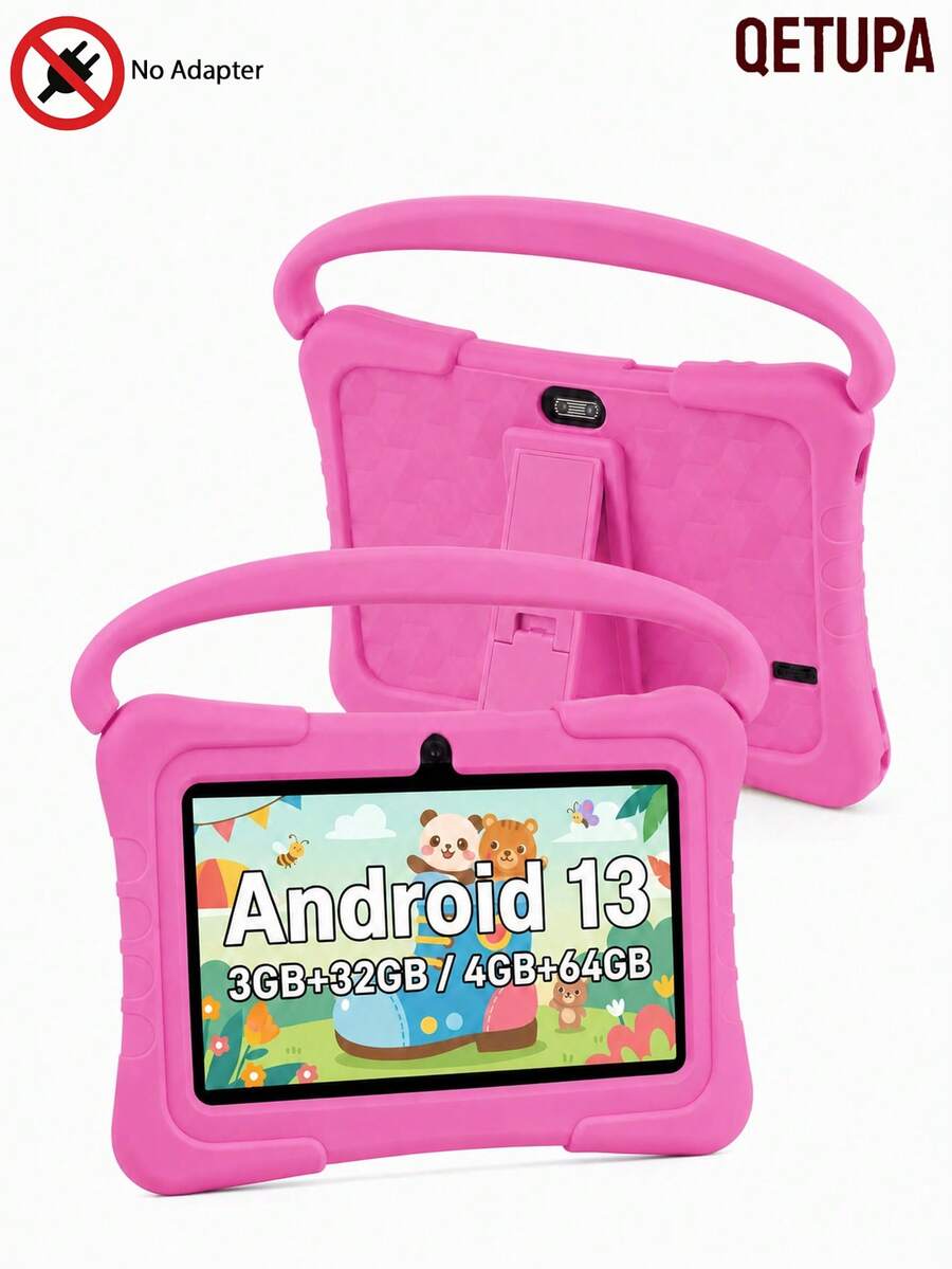 Qetupa 兒童平板電腦 7 吋,附家長控制功能,3GB/4GB RAM,32GB/64GB ROM,Android 13 幼兒平板,支援 WiFi,雙鏡頭,預裝教育應用程式(不含適配器) - 粉色 - 查看 1