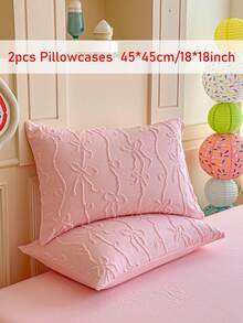 2pcs/Set Pink Cut-Out Bow Embroidery Bed Pillowcases, Simple Cute Ins Style Polyester Decorative Throw Pillow Covers Suitable For All Seasons, Textured Decor, Machine Washable, No Filling Included - Pink - View 10