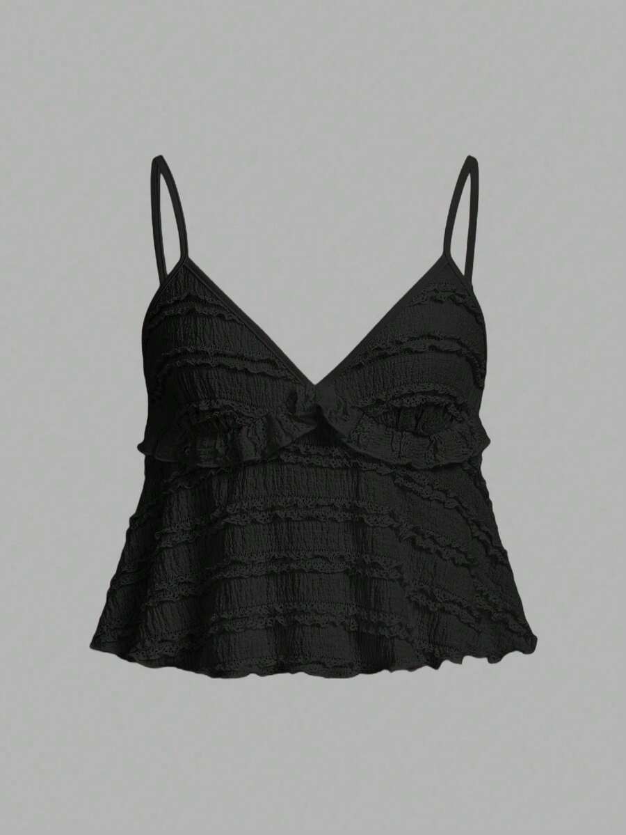 Women's Sleeveless Blouse With Ruffles In Solid-Color Textured Fabric For Summer And Vacation - Black - View 1
