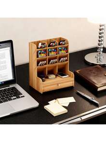 Wooden Desk Organizer, Large Capacity DIY Pen Holder Storage Box, Desktop Stationery Storage Rack For Office, Home And School Supplies - Multicolor - View 7