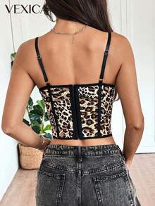Vexica Women's Sexy Leopard Print Fitted Corset Top, Lace Patchwork Boned Corset With Lace Trim, Suitable For Night Out, Date And Party - Brown - View 2