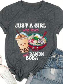 Ramen Letter Print Women's Summer Fit Crew Neck T-Shirt, Retro Loose Fit T-Shirt - Back - View 6