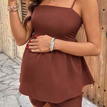Conjunto de 2 piezas de camiseta sin espalda con lazo y shorts de unicolor casual para maternidad - Rosa - Ver 4
