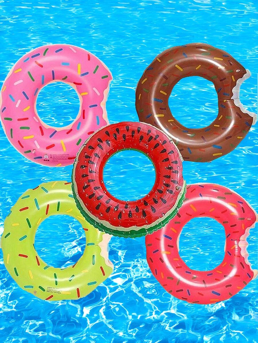 Adult Watermelon & Donut Inflatable Swimming Rings Set, Thick PVC Design, Large Size Summer Water Sports Essential, Easy To Inflate & Portable, Beach & Pool Party Toy, Durable & UV-Resistant, Suitable For Swimming Pool, Beach, Vacation, Fun Floats, Relaxation & Photo Props, High-Quality PVC Material, Entertaining For Adults - Multicolor - View 1