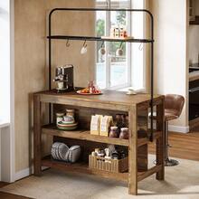 LITTLE TREE Solid Wood Kitchen Island With Storage, 47-Inch Farmhouse Stationary Island Table With 5 Hooks And Seating, Counter Height Bar Table For Dining Room, Kitchen, Rustic Brown - 鏽棕色 - 查看 3