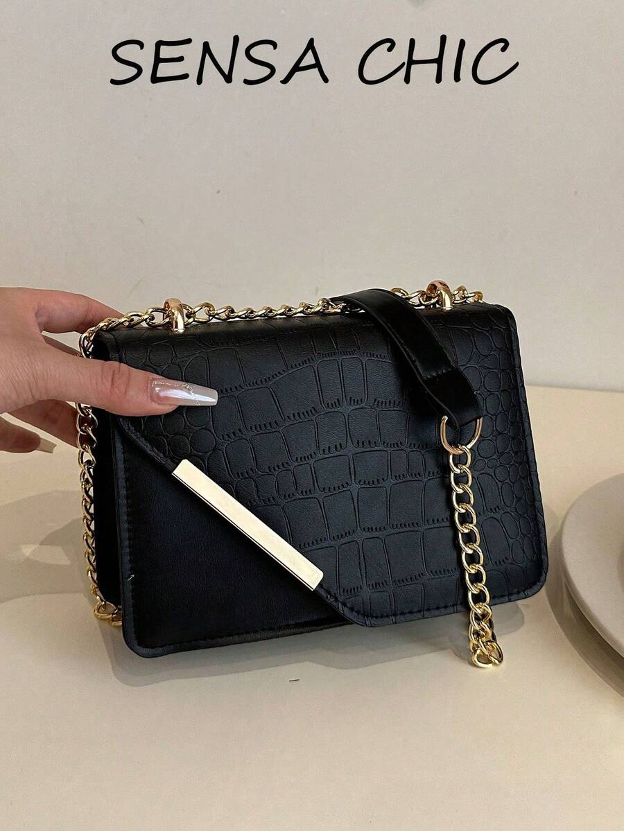 经典纯色PU防水面料单肩包，鳄鱼纹压花设计女士钱包，豆腐方形包，通勤包，适合旅行、购物、节日、聚会等场合 - 黑色 - 查看 1