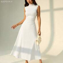 Fengyu Women's Clothing Store PETITE Vestido largo de línea A con cuello mao sin mangas y fruncido, nuevo para el Día de San Valentín. Elegante y romántico para citas y trabajo, vestidos de verano para mujeres - Marrón - Ver 4