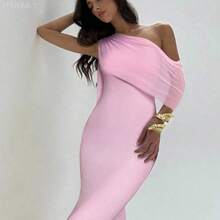 MewMuse.  Vestido elegante ajustado con cuello asimétrico de unicolor para mujer - Morado - Ver 4