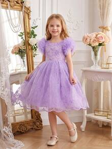 Elegantes Partykleid für Kleine Mädchen mit Lavendel-Spitze, Mesh-Stickerei, Prinzessinnenkleid geeignet als Geburtstagsgeschenk für Mädchen, für Bankette, Hochzeitszeremonien, wichtige Anlässe, Festivalfeiern, Bühnenauftritte - Violett - Übersicht 4