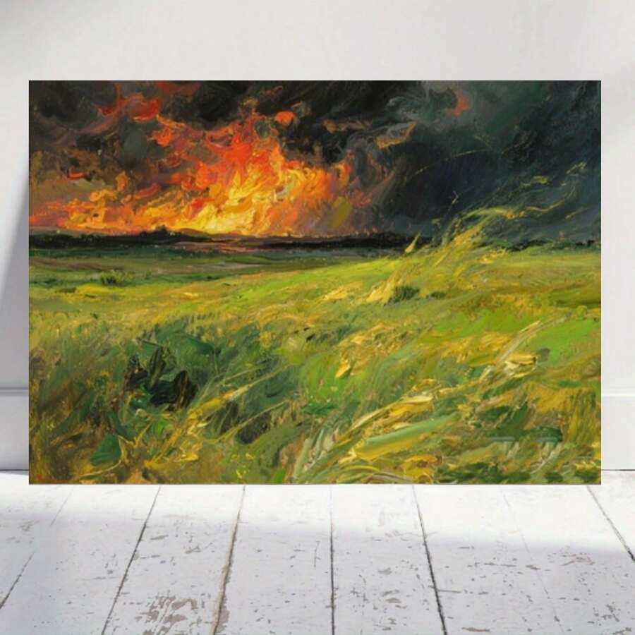 Pintura al Óleo sobre Lienzo Hecha a Mano - Pradera Vasta Envuelta en Llamas y Nubes de Tormenta - Decoración Impresionante de Paisaje Natural, Ideal para Salas de Estar Modernas, Comedores y Estudios - Nubes Dinámicas, Colores Vibrantes, Emoción Profunda, Creando el Ambiente Perfecto en el Hogar - Enmarcado - Ver 1