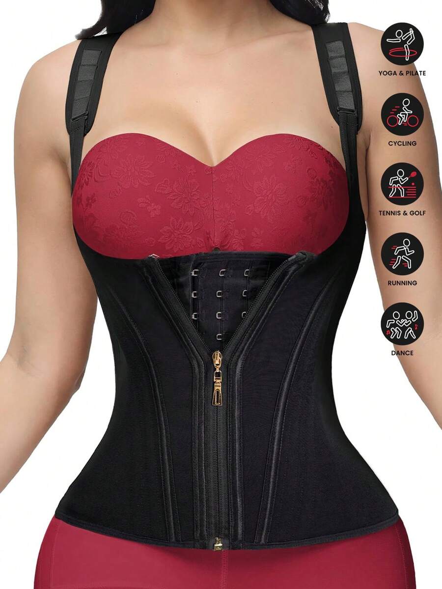 Women's Waist Trainer, Double Layer Thick Abdominal Control Shaping Corset Top For Yoga Gym Exercise And Posture Support Spring Sports Black Fall