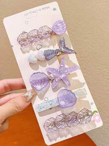 5pcs Pearl Star Shell Fishtail Hair Clips Hair Accessories,Claw Clips - Purple - View 3