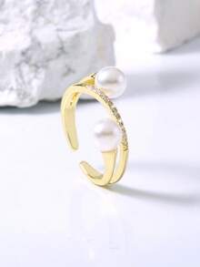 Nooxian 1件金色極簡優雅開口戒指，滿鑲鋯石與珍珠鑲嵌，女款飾品 - 金黃色 - 查看 4