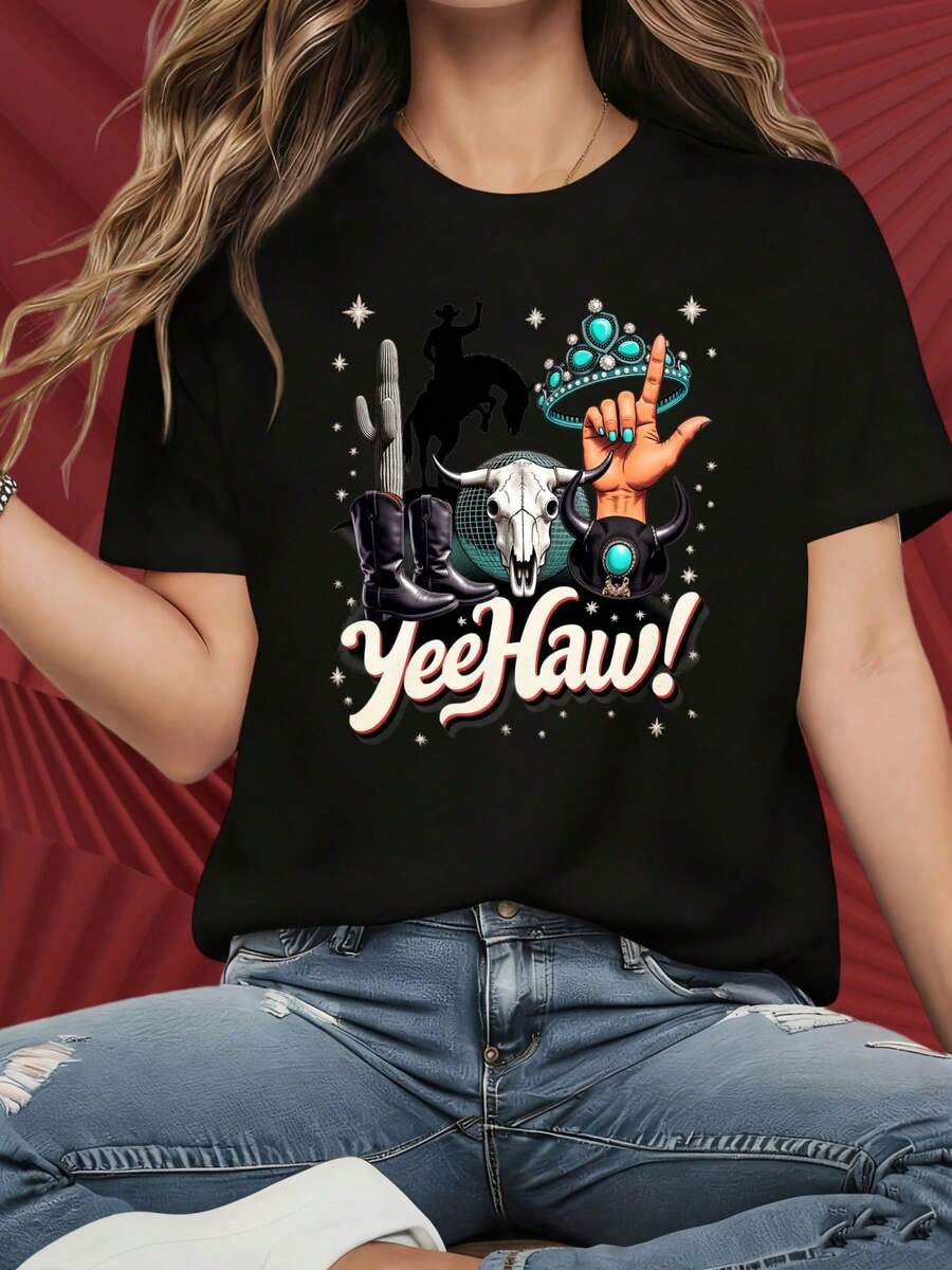 Camiseta de mujer de manga corta y cuello redondo con interesantes estampados. Camiseta Western Cowgirl Yeehaw con diseño de cactus, caballo, calavera y botas para mujer, top casual de moda, adecuada para fiestas de Navidad, actividades deportivas, fiestas de vacaciones, salidas, deportes y otros regalos navideños (220g). - Negro - Ver 1