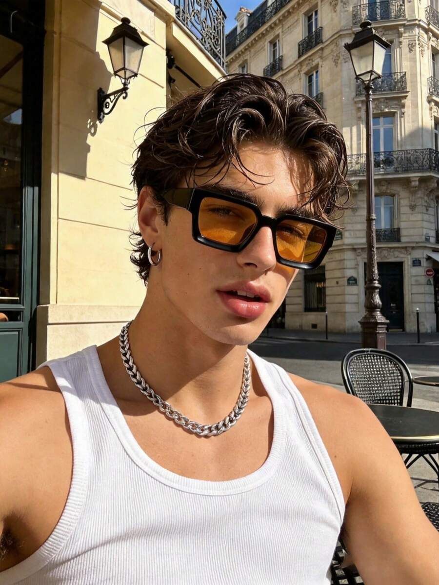 1 Pair Men's Plastic Geometric Frame Classic Fashion Glasses, Suitable For Outdoor, Street Photography, Music Festivals And Other Occasions