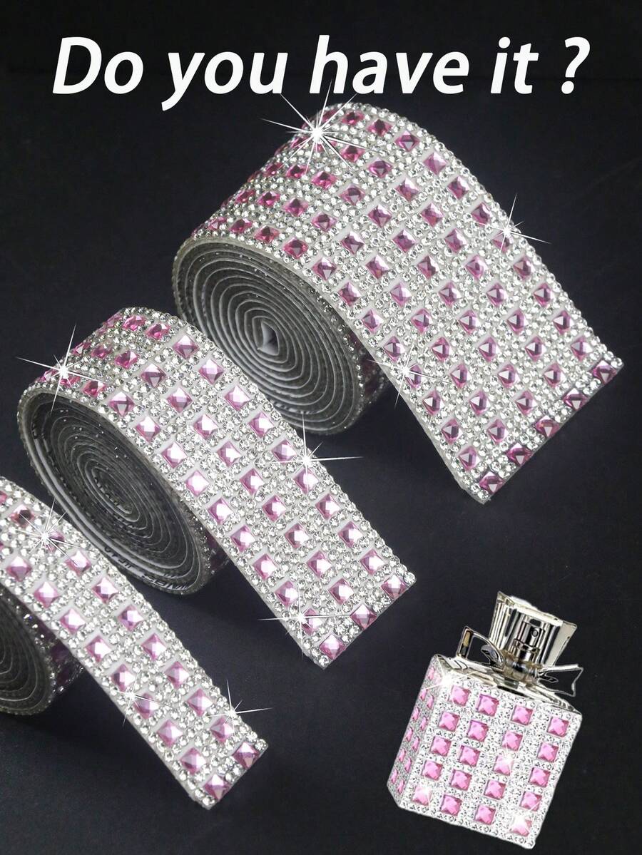 1 Yard Pink Shiny Rhinestone Strip Self-Adhesive Rhinestone Decorative Tape, 9mm Wide Rhinestone Sticker, Suitable For DIY Home Wall Decoration, Car, Clothing, Box, Photo Frame, Bottle, Shoes, Hat And Phone Decoration, Party Decoration - Size 1 Small Pink - View 1