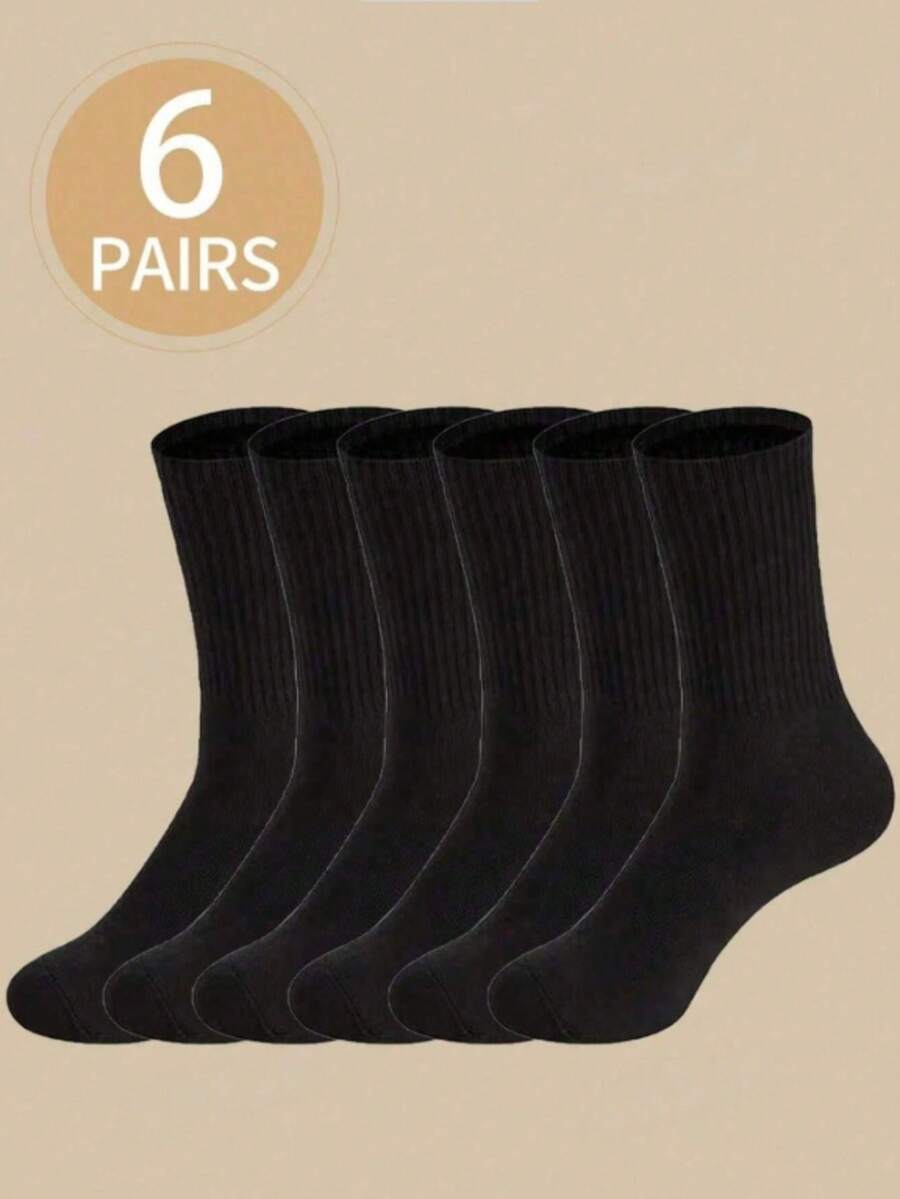 6 Pairs Men's Black Solid Color Mid-Calf Breathable Versatile Socks - Black - View 1