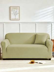 1pc Solid Color Milk Silk All-Season Elastic Full Sofa Cover + 1pc Matching Unfilled Throw Pillow Cushion Cover - Pastel Green - View 5