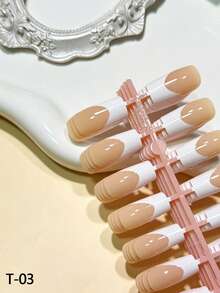 120Pcs Medium Long Square Press On Nails, 5 Strips Set - Sweet Style Simple French White False Nails, Multiple Colors & Designs To Choose - Multicolor - View 9