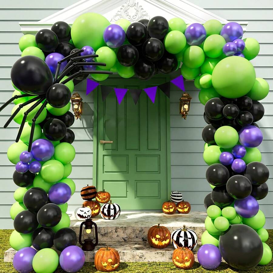104pcs Halloween Party Balloon Decoration, 18/10/5 Inch Black, Lime Green And Metallic Purple Latex Balloons, And Long Balloons. Suitable For Kids Party Decoration, DIY Spider Design, Birthday Party, Baby Shower, Halloween Theme Party And Halloween Trick Or Treat Party - Halloween - View 1