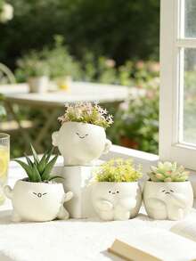 H Cute Smiling Face Mini Succulent Plant Pot, Small Indoor Flower Pot, Adorable Desktop Plant Pot, Suitable For Home And Office Decoration - A - View 1