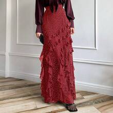 Coquette Polka Dot Ruffle Tiered Maxi Skirt - High Waist Flowy Chiffon Long Skirt For Date Night & Brunch - Rojo - Ver 2