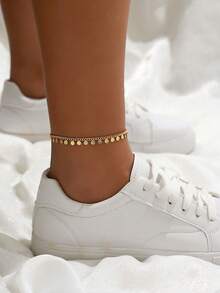 1pc Simple Versatile Round Pendant Metal Chain Anklet For Women (Random Number Of Round Pendants) - Gold - View 2
