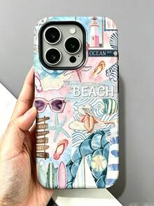 1 pieza Funda de teléfono dura brillante 2 en 1 con patrón de collage de playa - Estilo de vacaciones de verano con estrella de mar, compatible con iPhone 17 Pro Max/17 Pro/17e/16e/16 Pro Max/15 Pro Max/14 Pro Max/13 Pro/12/11/XR/XS Max/7/8, unisex, perfecto para la temporada de vacaciones, la temporada de graduación, la temporada de regreso a clases, el viaje diario y la moda callejera, funda de teléfono de moda de verano con alta estética - Multicolor - Ver 3