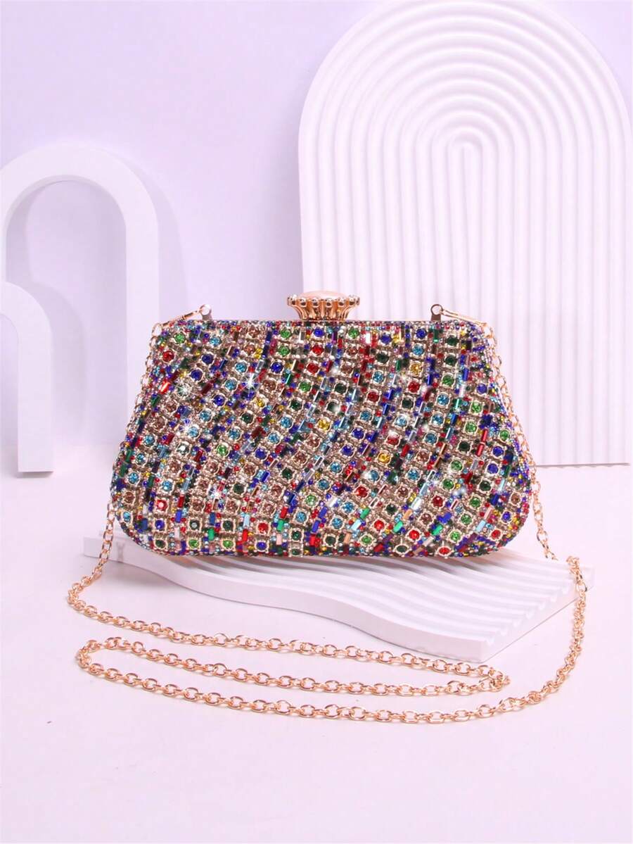 Diagonal Pleated Rhinestone Glitter Clutch Bag With Clasp, Luxurious And Elegant Evening Bag For Women, Suitable For Weddings, Parties, Birthdays And Gatherings