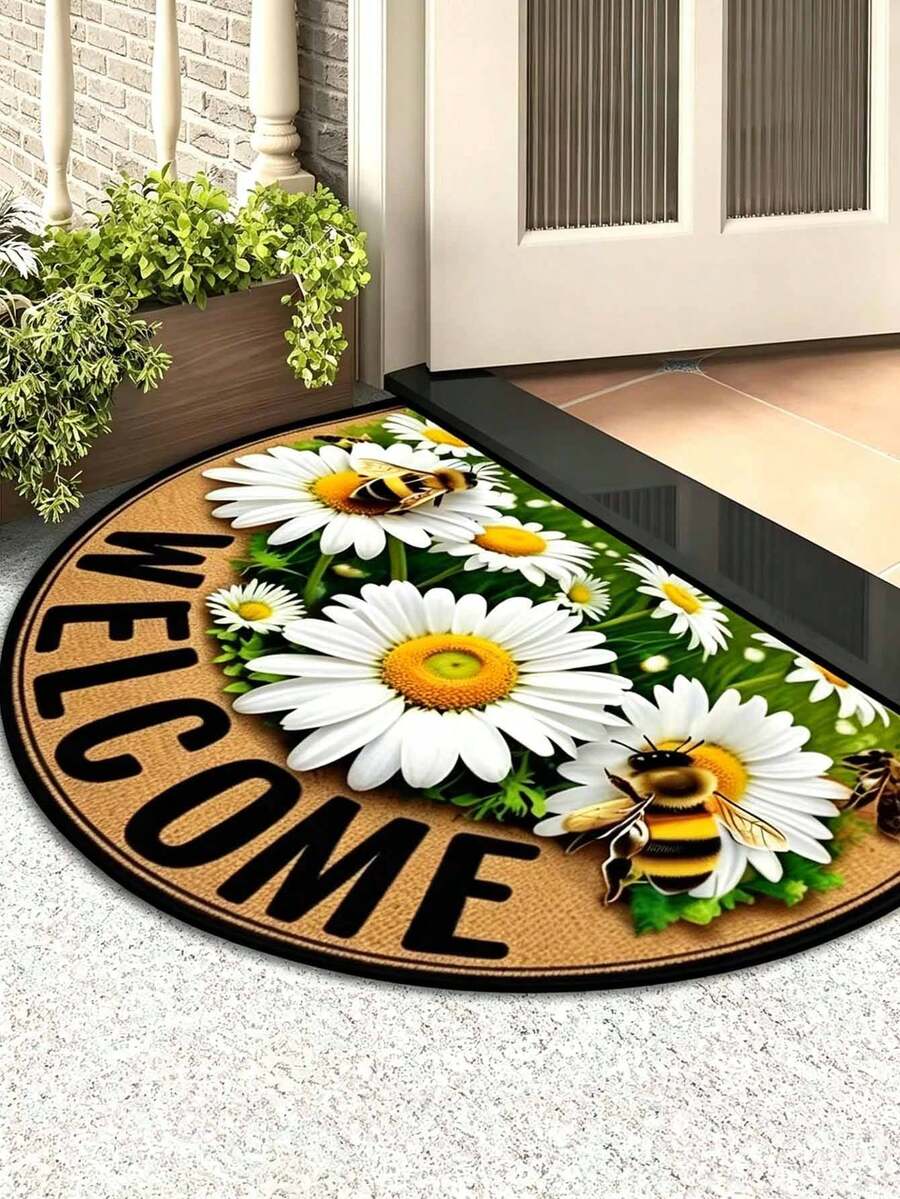 「Welcome」蜜蜂與花卉圖案半圓形門墊，適用於農舍風、陽台、浴室、洗衣房、廚房與庭院裝飾，時尚居家裝飾地墊，多種尺寸可選，裝飾性地板墊，入厝禮物