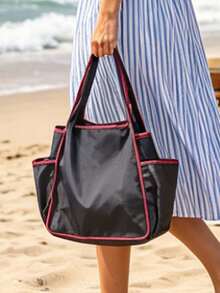 Foldable Beach Tote Bag & Pouch Set, "Beach Please" Print, Large Capacity Beach Shoulder Bag, Water Resistant Casual Handbag, Travel Cosmetic Bag, Casual Summer Vacation & Daily Use Storage Bag, Multifunctional Shopping Bag, Suitable For Shopping, Travel, Outdoor Activities, School, Daily, Unique Birthday Gifts, Holiday Gifts, Party Gifts, Vacation Gifts, Back-To-School Gifts, Anniversary Gifts - Multicolor - View 3