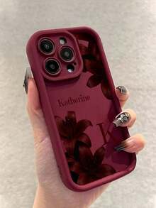 1 pieza Funda protectora de teléfono personalizada con nombre de 26 letras, diseño de lirio rojo con patrón oscuro discreto, TPU grueso resistente a caídas, compatible con Apple 17ProMax/17Air/16Pro/15Plus/14ProMax/13Pro/12/11/XR/8/7, accesorios para teléfono, carcasa protectora premium - Burdeos - Ver 7
