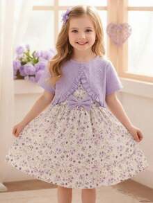 Bộ 2 món áo crop top ngắn dệt kim khoét lỗ cho bé gái kèm váy in hoa, thường ngày, xuân/hè - Màu tím - Xem 2