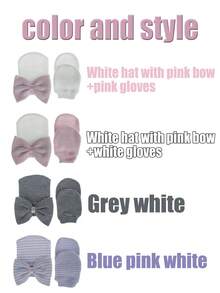 3pcs Newborn Baby Hat And Gloves Set, With Large Bow, Soft Cute Knitted Hat, Suitable For Baby Boys And Girls - Multicolor - View 2