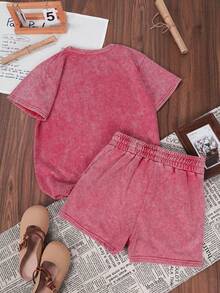 ZZG ES TRUS Conjunto de 2 piezas de camiseta y pantalones cortos de algodón para mujer, estilo Y2K de moda callejera de verano, rojo vintage básico casual holgado, cuello redondo lavado, talla grande, elegante - Rojo - Ver 2
