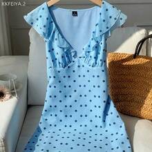 Soqi Women's Clothing  Vestido corto de mujer con estampado de lunares y volantes en el bajo - Café integral - Ver 7