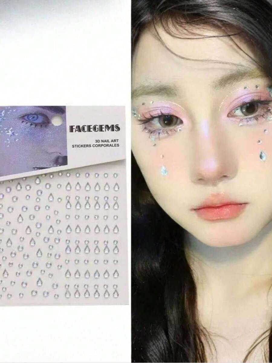 1pc Face Rhinestone Stickers, Glue-Free Multi-Style Transparent Rhinestones With Water Drop / Round / Heart / Horse Eye / Iridescent Designs, High-Gloss Shiny Texture, Suitable For Face, Eyes, Neck, Nails, Perfect For Stage / Party Makeup, Create Eye-Catching Atmosphere Look - Multicolor - View 1