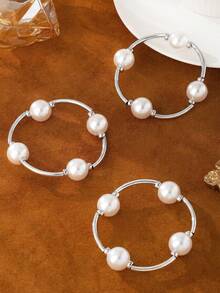 3pcs Vintage Chunky Gold/Silver/Pearl Bracelet Set, European And American Style, Suitable For Women's Beach - 3-piece Set - View 6
