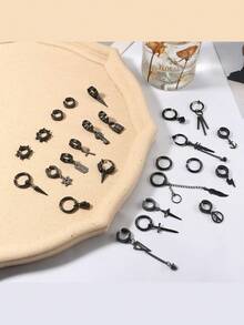 Milacolato 25 Pcs Clip On Earrings For Men Stainless Steel Cross Chain Dangle Earrings Black Fake Earrings For Men Women Non Pierced Huggie Hoop Earrings Set - 彩色 - 查看 5
