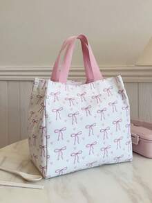 Portable Insulated Lunch Bag, Bento Bag, Dinner Thermal Bag, Thickened Cute Lunch Fruit Bag For Students, Bow Knot Pattern - Beige - View 7