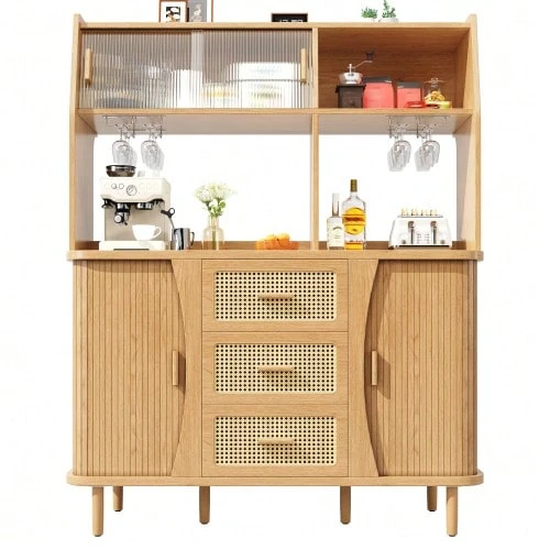 High-Quality Sideboard With Rattan Look And Glass Sliding Doors, 174.5cm High Kitchen Cabinet With Storage Space, Natural Wood/Walnut Look, Load Capacity Up To 60kg - Wood - 查看 1