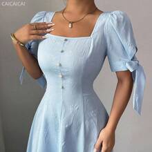 yonghongmaoyi1  Nuevo vestido casual, elegante y de vacaciones para mujer, de algodón con mezcla, de cuello cuadrado, con estampado jacquard de rayas azules y blancas, mangas de pétalos y lazo en la espalda - Azul - Ver 3